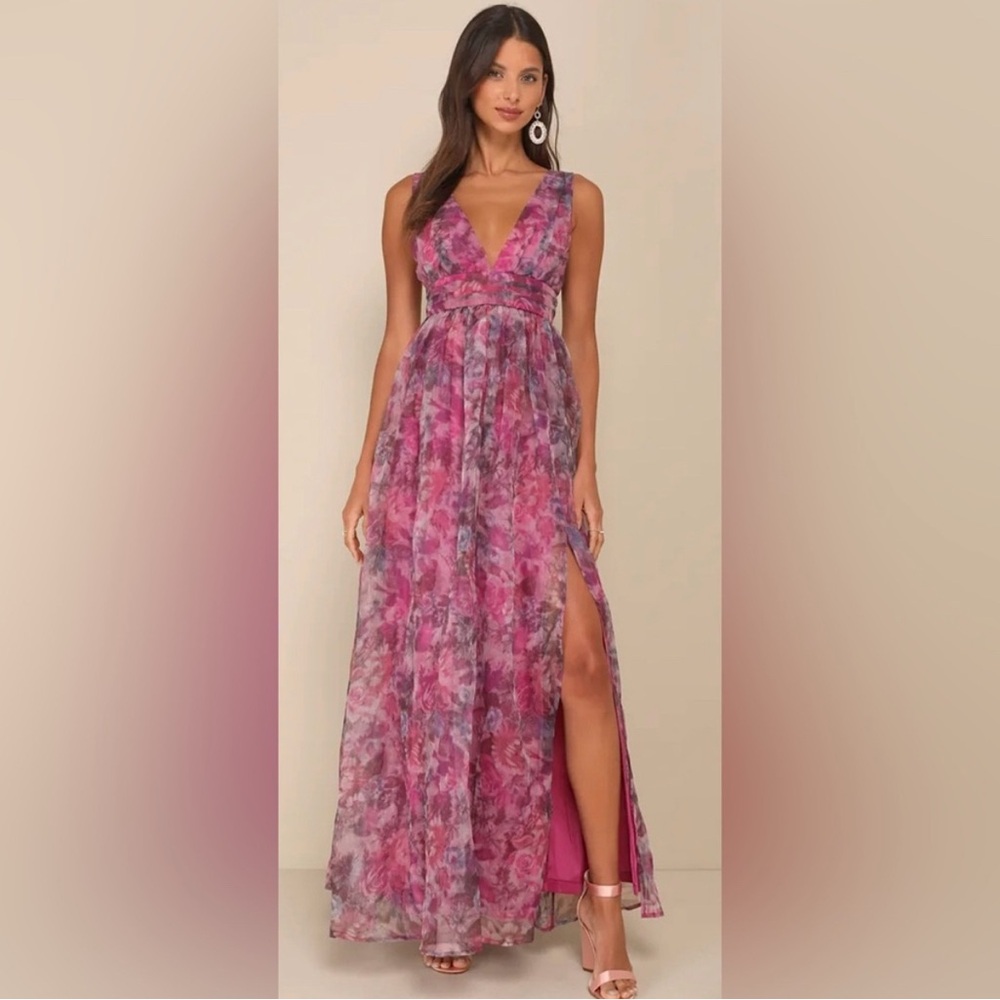 Lulu’s Garden Romance Magenta Floral Print Organza Maxi Dress